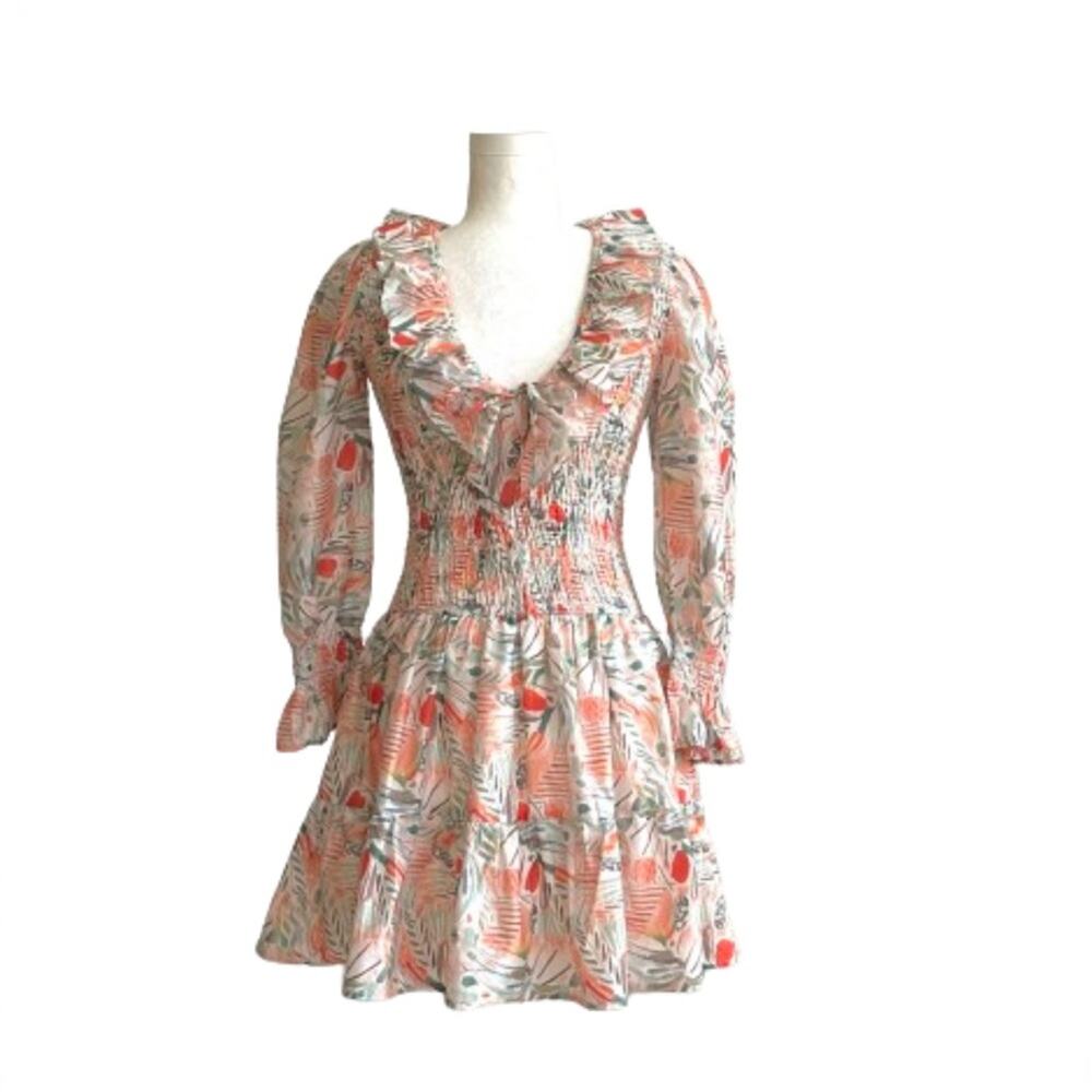 Vestique Sammie Dress Peach Green Floral Smocked Deep V-Neck Mini Small NEW
